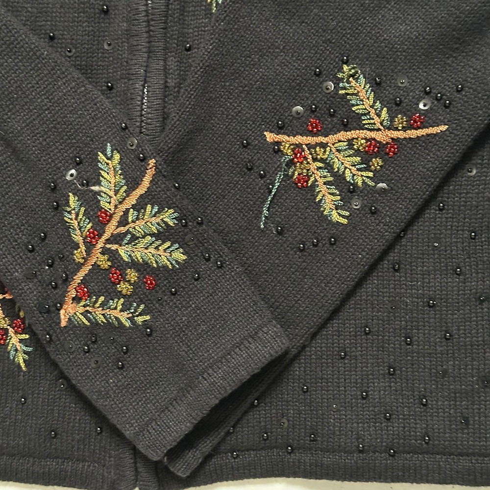Tiara International Cardinal Embroidered Zip Cardigan Ramie Cotton Black VTG XL - Picture 5 of 7
